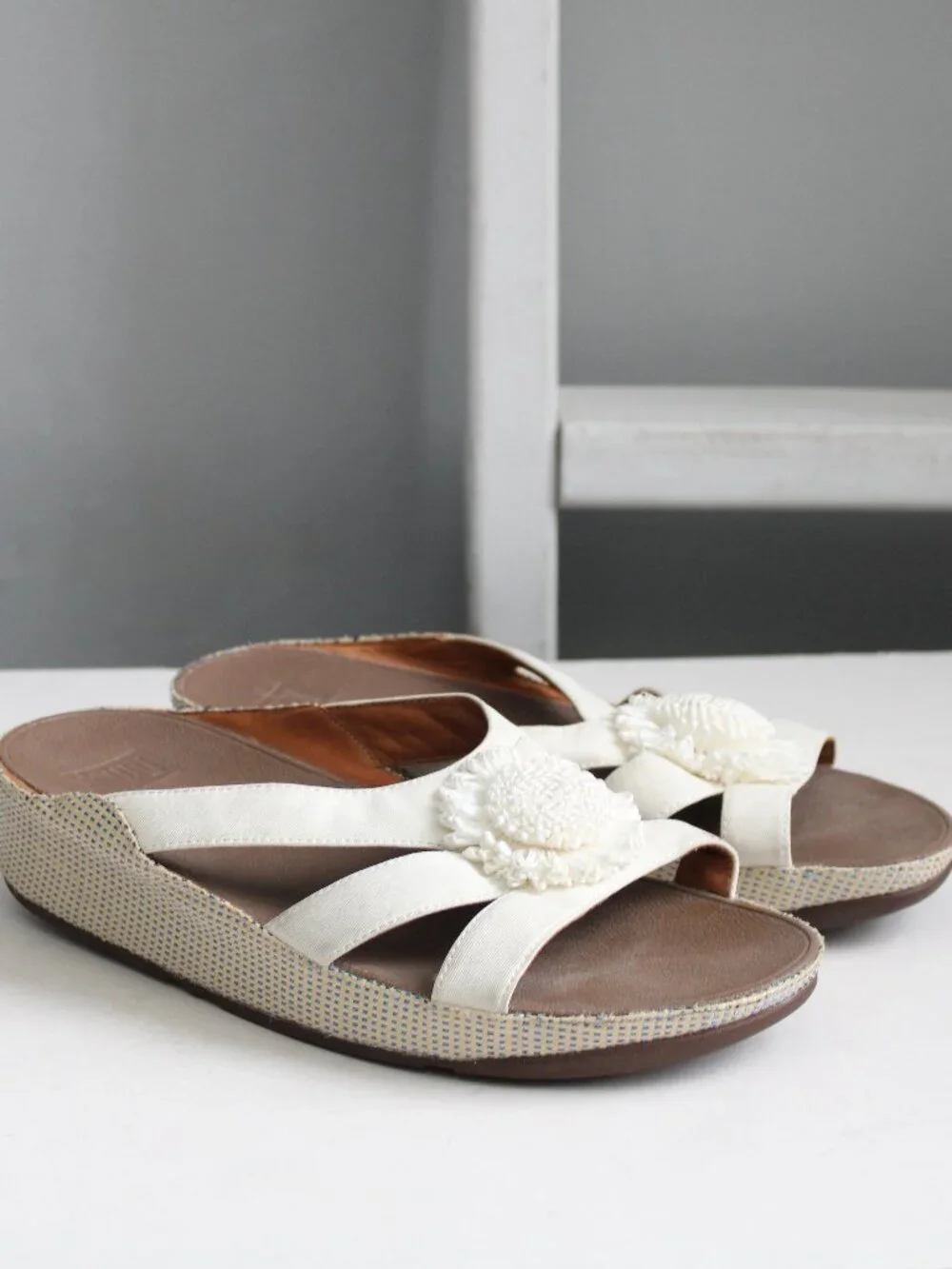 FitFlop Cream Wedge Slide Sandals with Floral Medallion